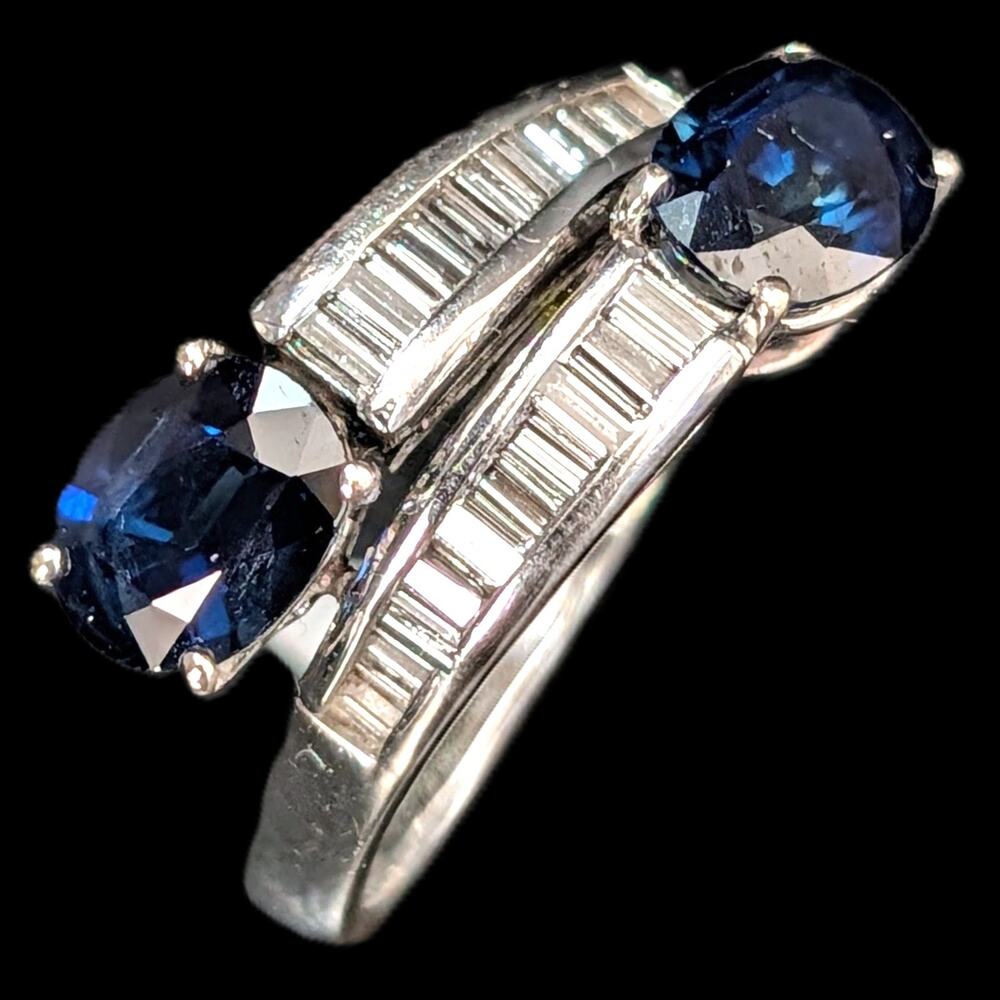 Vintage Sapphires Baguette Diamonds 18k White Gold Ring Bypass  Estate  Gift